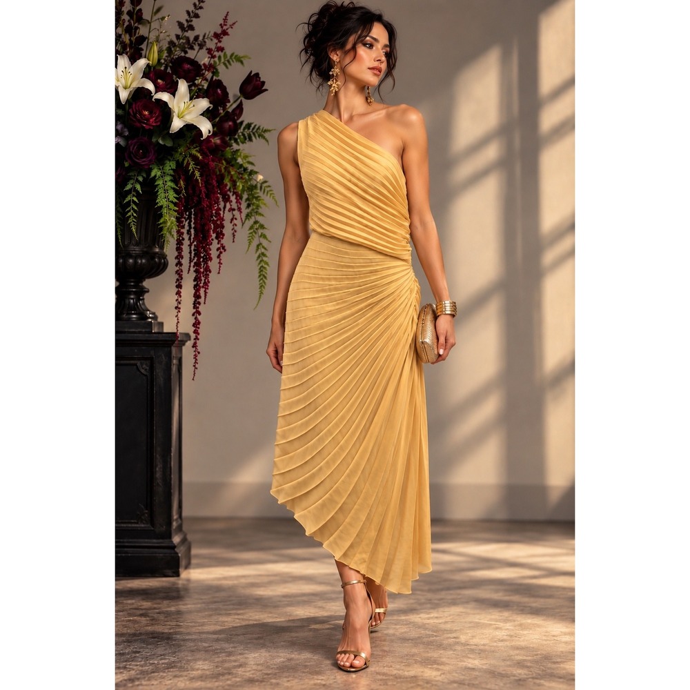 Banana Republic 12 Butter Yellow Pleated One Shoulder Midi Dress